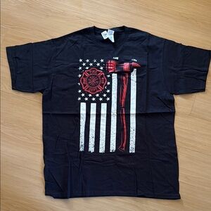 NWT FIREFIGHTERS THIN RED LINE AMERICAN FLAG TSHIRT GRAPHICS AX SIZE XL BLACK
